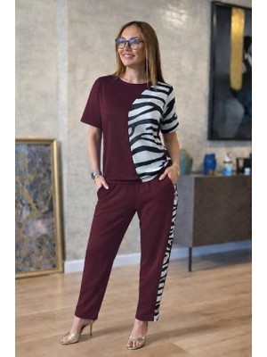Mareandpanda Kadın Kısa Kollu Bisiklet Yaka Zebra Desen Bluz ve Pantolon Ikili Takım