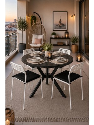 Flinder Siyah 4 Kişilik Minderli Balkon Takımı, Balkon Masası, Balkon Sandalyesi, Yuvarlak Masa, Yemek Masası, Mutfak Masa Sandalye Takımı, 4 Sandalye 1 Masa