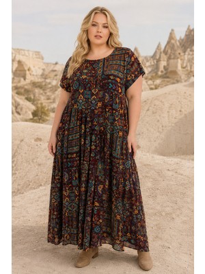 Park Moda Kadın Büyük Beden Kahverengi Viskon Elbise Cepli Etnik Desenli Yazlık Uzun Boho Model