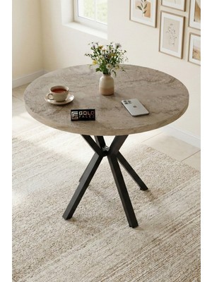 Reyo Falez Mutfak Masası 90 cm Yuvarlak Masa Modern Metal Ayaklı Cafe Balkon Ofis Yemek Masası 9826 Traverten