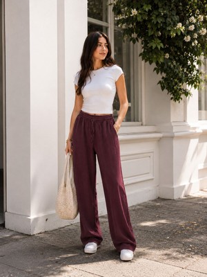 Esra Butik %100 Tensel Yazlık Pantolon Mürdüm & Haki Renk Rahat Kalıp Kadın Pantolon
