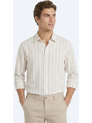 Kip Açık Bej Çizgili Oversize Fit Uzun Dokuma Casual Keten Karışımlı Gömlek