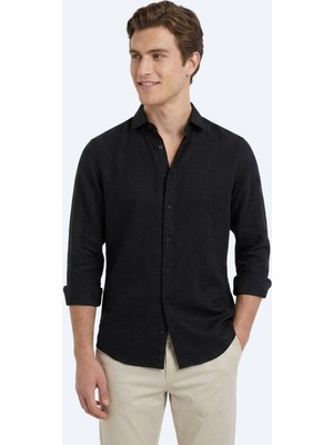 Kip Siyah Düz Regular Fit Uzun Dokuma Casual Pamuk Karışımlı Gömlek
