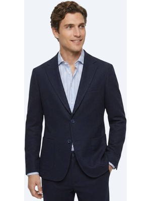 Kip Lacivert Çizgili Modern Fit Pamuk Karışımlı Örme Takım Elbise