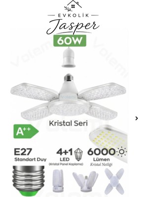 Volemi VM-810 Kristal 60 Watt 6000 Lumen 4 Kollu Katlanır Ampul 4 1 Kanatlı Katlanabilir Enerji Tasarruflu LED Ampul.