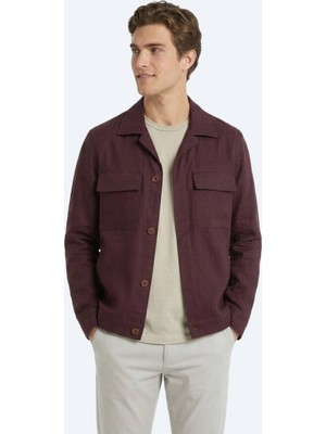 Kip Bordo Düz Oversize Fit Uzun Dokuma Pamuk Karışımlı Overshırt