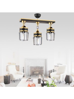 UltraMint Modern Siyah Kristal ve Sarı Şeritli Lüks Silindir Avize 3'lü Set