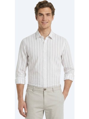 Kip Bej Çizgili Regular Fit Uzun Dokuma Casual Pamuk Karışımlı Gömlek