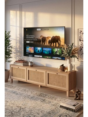 Yurudesign Dune Tv Ünitesi Sehpası Ahşap Ayaklı 3 Ahşap Jüt Kapaklı 180CM Sepet-Jüt Dn2-Sj