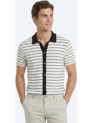 Kip Ekru Çizgili Regular Fit Kısa Casual Pamuk Karışımlı Gömlek
