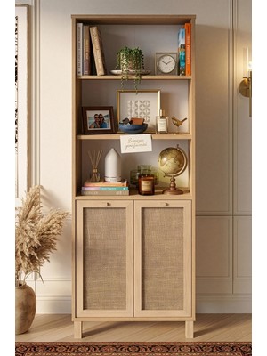 Yurudesign Dune Kitaplık Raf Ahşap Ayaklı 180CM Ahşap Jüt Kapaklı Sepet-Jüt Dn5-Sj