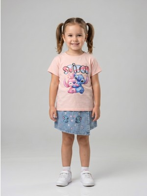İncilay Kids Kız Çocuk Stitch Baskılı Şortlu Takım