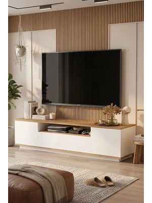 Yurudesign Future Tv Ünitesi Fr7-Aw Modern Tasarım Çam-Beyaz Suntalam 200 cm Yükseklik 328 cm Genişlik