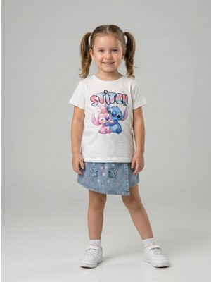 İncilay Kids Kız Çocuk Stitch Baskılı Şortlu Takım
