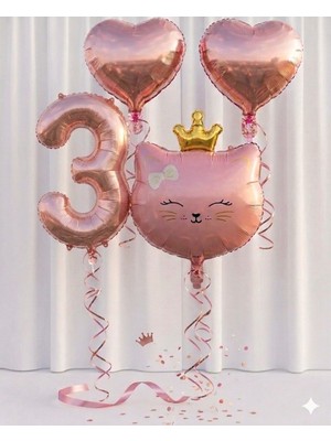 Çavuş E-Ticaret 3 Yaş Doğum Günü Seti Kedi Kafa ve Kalp Folyo Balon Set