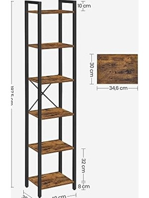 Defne Store Raf, Kitaplık, Dikili Raf, DVD Rafı, 6 Seviyeli, Ofis Rafı, Açık Raflar, Ofis, Oturma Odası, Yatak Odası, Mutfak Için, 30 x 40 x 187,5 Cm, Kahverengi-Siyah LLS101B01