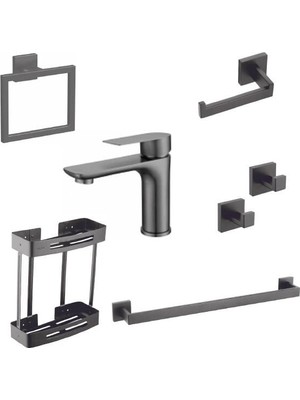 Drt Lena Antrasit 7 Parça Banyo Seti - Lavabo Bataryası ve Kare Aksesuar Takımı Full Set