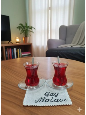 Rivelcandle 2 Li Çay Mum ve 1 Adet Etamin Işlemeli Peçete Seti Harika 3 Lü