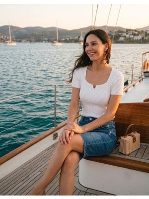 Urumday Merserize Kare Yaka Yırtmaçlı Fitilli Kısa Kollu Bluz