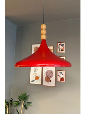 UltraMint 45 cm Çaplı Kırmızı Ahşap Üç Boncuklu Sarkıt Avize, Restoran ve Salon Kullanımı
