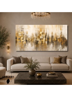 Gaagart Panoramik Kanvas Duvar Tablosu Soyut Yağlı Boya Görünümlü Soyut Gold Desen