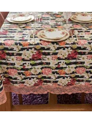 Yarımada Kadın Kooperatifi Çizgili ve Ortanca Çiçek Desenli Dantel Detaylı Dikdörtgen Masa Örtüsü - 160X200 cm Premium Piko Nakışlı