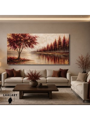 Gaagart Panoramik Kanvas Duvar Tablosu Soyut Yağlı Boya Görünümlü Bordo Gold Manzara