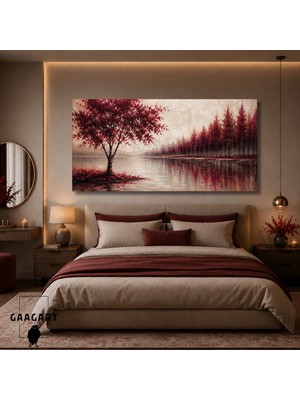 Gaagart Bordo Manzara Temalı Kanvas Duvar Tablosu 120x60 cm Soyut Yağlı Boya Görünümlü Tek Parçalı