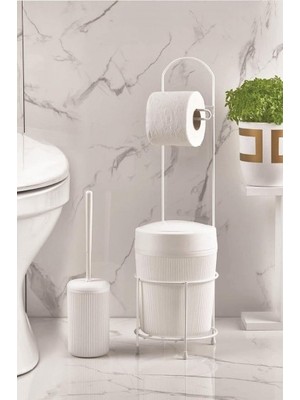 Solmazlar Online Metal Standlı Yuvarlak Kovalı & Kağıtlıklı & Fırçalıklı Beyaz Banyo Takımı