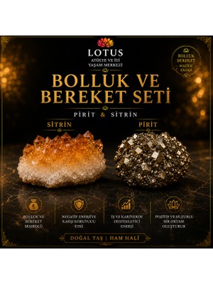 Lotus Atölye ve İyi Yaşam Merkezi 💰 Bolluk ve Bereket Doğal Taş Seti – Pirit Ham Taşı & Sitrin Kristal Kümesi