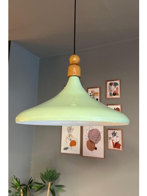 UltraMint 45 cm Çap Mint Renk Ahşap Boncuklu Sarkıt Avize, Restoran ve Salon Dekoru