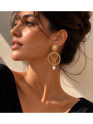 Wish&Moon Kadın Incili Gold Halka Küpe Büyük Boy