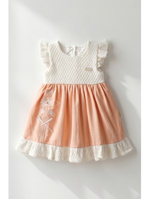 Joy Kids Kız Bebek %100 Pamuk Nakışlı Elbise (9-18AY) (Ekru-Somon)