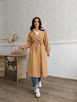 Comstar Kadın Klasik Kolu Lastikli Kuşaklı Premium Midi Taba Trençkot