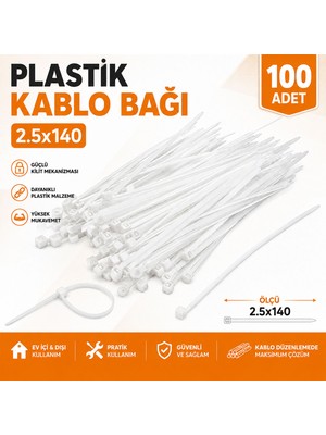Badem10 Kablo Bağı Plastik Cırt Kelepçe 2.5X140 mm Beyaz 100 Adet Dayanıklı Çok Amaçlı Kablo Düzenleme Seti