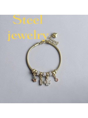 Mimoza Accessories Charmlı Taşlı Çelik Bileklik