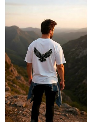 Windy Island Erkek Bisiklet Yaka Ön ve Sırt Kartal Baskılı Oversize T-Shirt
