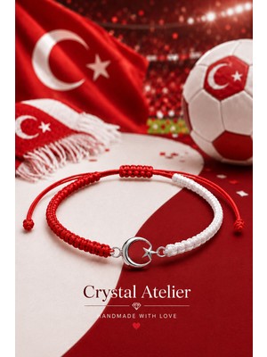 Crystal Atelier Kırmızı Beyaz Ay Yıldız Makrome Taraftar Bileklik El Yapımı Ayarlanabilir Unisex