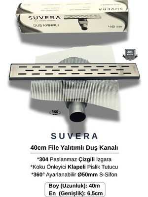 Suvera 40CM Paslanmaz Izgaralı (File Yalıtım Kitli) Koku Önleyici Klapeli Duş Kanalı – Ø50MM (Fileli) S-Sifon Sistemi