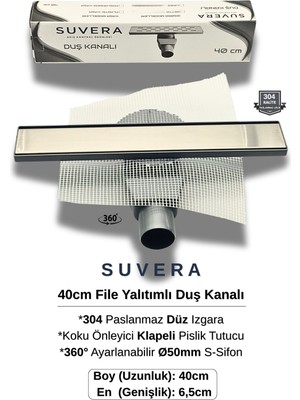 Suvera 40CM Paslanmaz Izgaralı (File Yalıtım Kitli) Koku Önleyici Klapeli Duş Kanalı – Ø50MM (Fileli) S-Sifon Sistemi