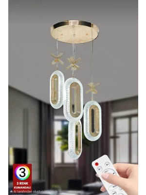 UltraMint Modern 4'lü Elips LED Avize, Renkli Kumandalı ve Gold Kaplama Tasarımı