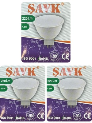 (3 adet) Şavk 12VOLT Ac/dc 4,5W (22W) Beyaz Işık (6500K) GU5.3 DUYLU (Iğne Bacak) LED Çanak Ampul