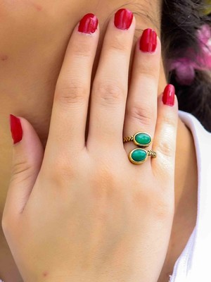 Esha Store Doğal Taş Yeşil Akik Doğal Taşlı Antik Model Kadın Ayarlanabillir Yüzük EUY75YA