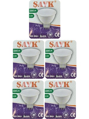 (5 adet) Şavk 12VOLT Ac/dc 4,5W (22W) Beyaz Işık (6500K) GU5.3 DUYLU (Iğne Bacak) LED Çanak Ampul