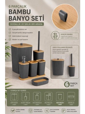 Okyanus Home Yapışkanlı Gerçek Bambu Antrasit 6'lı Safir Banyo Seti