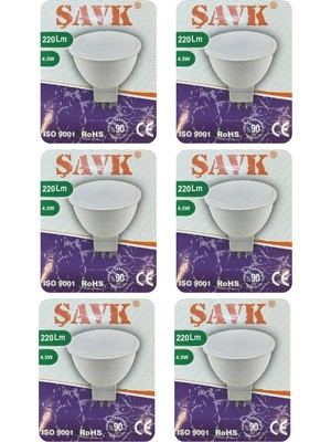 (6 adet) Şavk 12VOLT Ac/dc 4,5W (22W) Beyaz Işık (6500K) GU5.3 DUYLU (Iğne Bacak) LED Çanak Ampul
