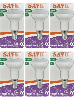 (6 adet) Şavk 6W (37W) Sarı Işık (3000K) E14 DUYLU (Ince Duy) LED R50 AMPUL