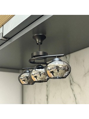 UltraMint Modern Siyah Metal ve Füme Camlı 3 Kollu Tavan Avizesi
