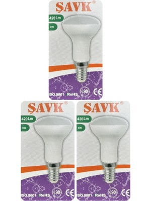 (3 adet) Şavk 6W (37W) Sarı Işık (3000K) E14 DUYLU (Ince Duy) LED R50 AMPUL