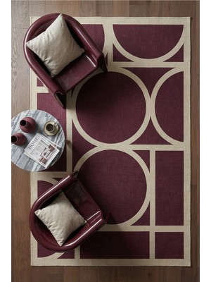 Marcel Bordo Krem Geometrik Şık Desen Yıkanabilir Ince Dijital Baskı Şönil Salon Oturma Odası Halısı
